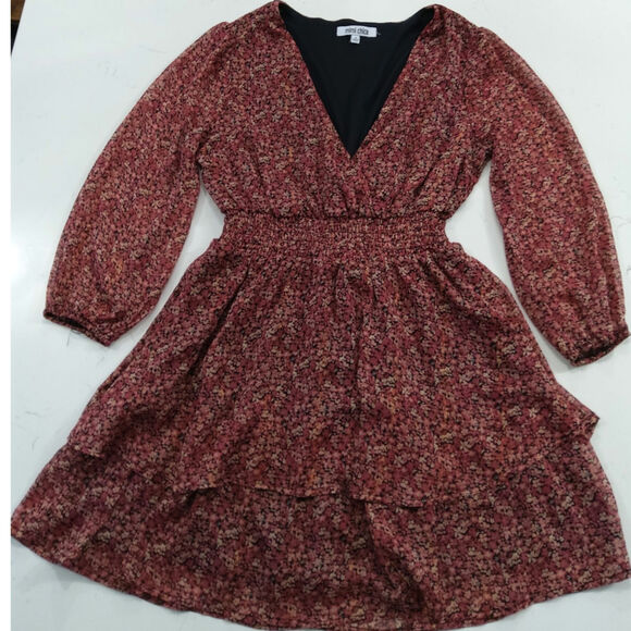 Coquette burgundy/pink Ditzy Floral dress mock waist, tiered Romantic Boho sheer - Picture 2 of 8